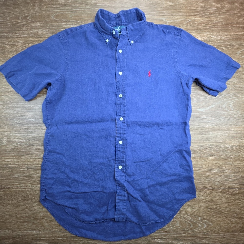 Ralph Lauren Shirt Men M Blue 100% Linen Short Sleeve Classic Fit Pony Preppy